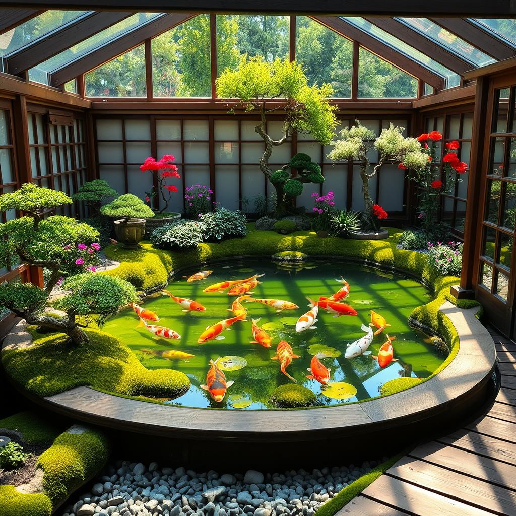 A serene Japanese garden featuring a beautifully raised Koi pond nestled within a small, elegant greenhouse