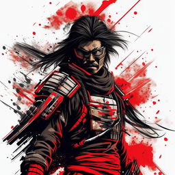 Convert the modified animated sci-fi samurai man illustration into black and white line art, with a splash of color accentuating his heroic character.