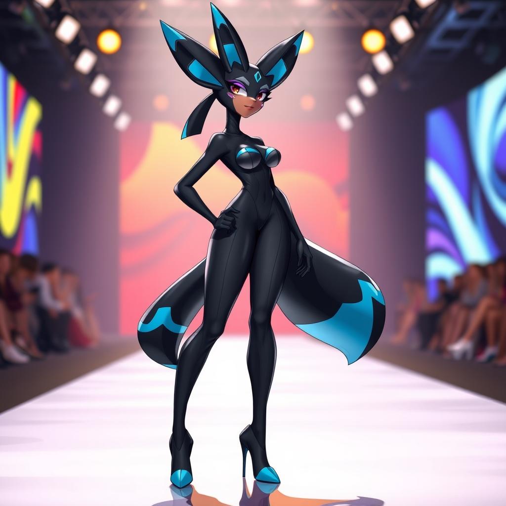 A female character inspired by Lucario, featuring sleek black fur and a stylized figure