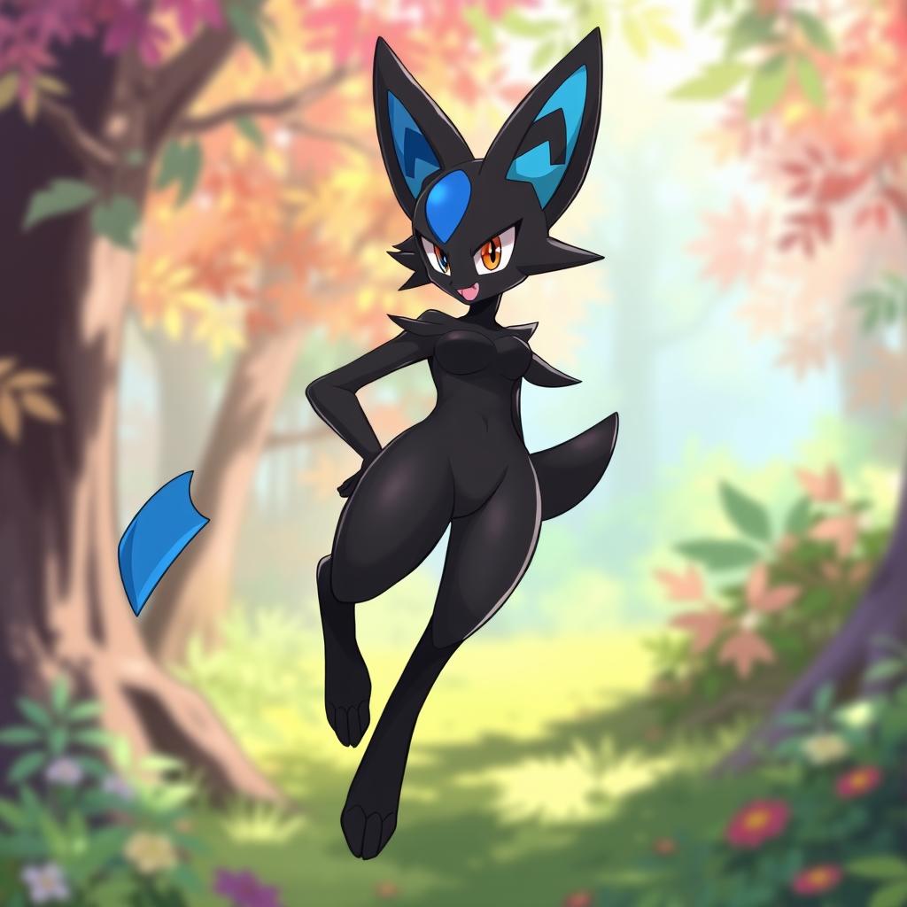 A feminine version of Lucario, featuring a sleek and elegant design with shiny black fur