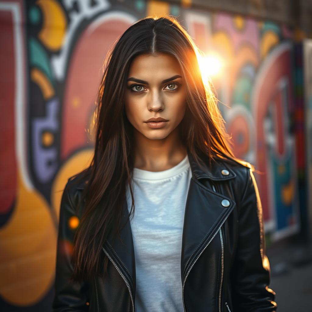 A stunning portrait of a confident young woman with long dark hair and piercing green eyes, wearing a stylish black leather jacket over a simple white t-shirt