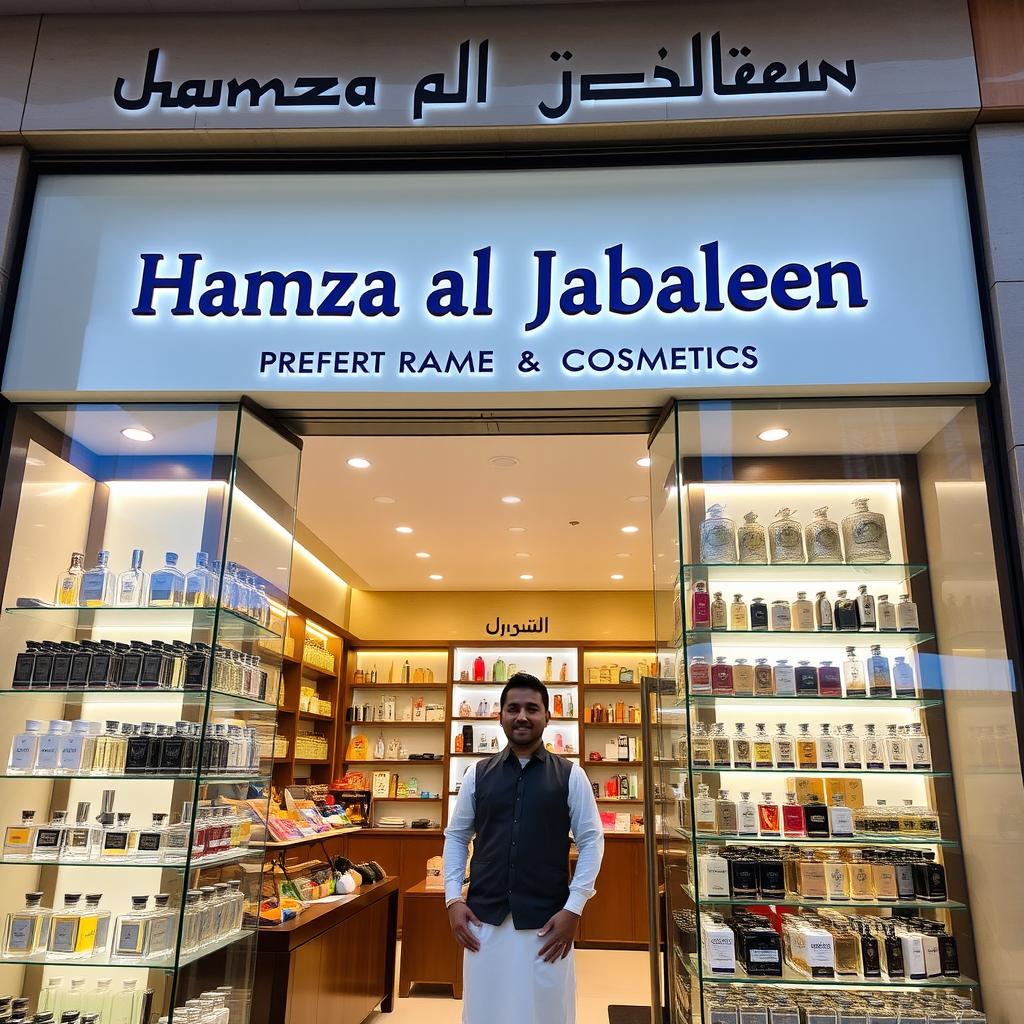 Hamza Al-Jabaleen perfume and cosmetics store, showcasing an elegant storefront filled with a variety of perfumes and beauty products