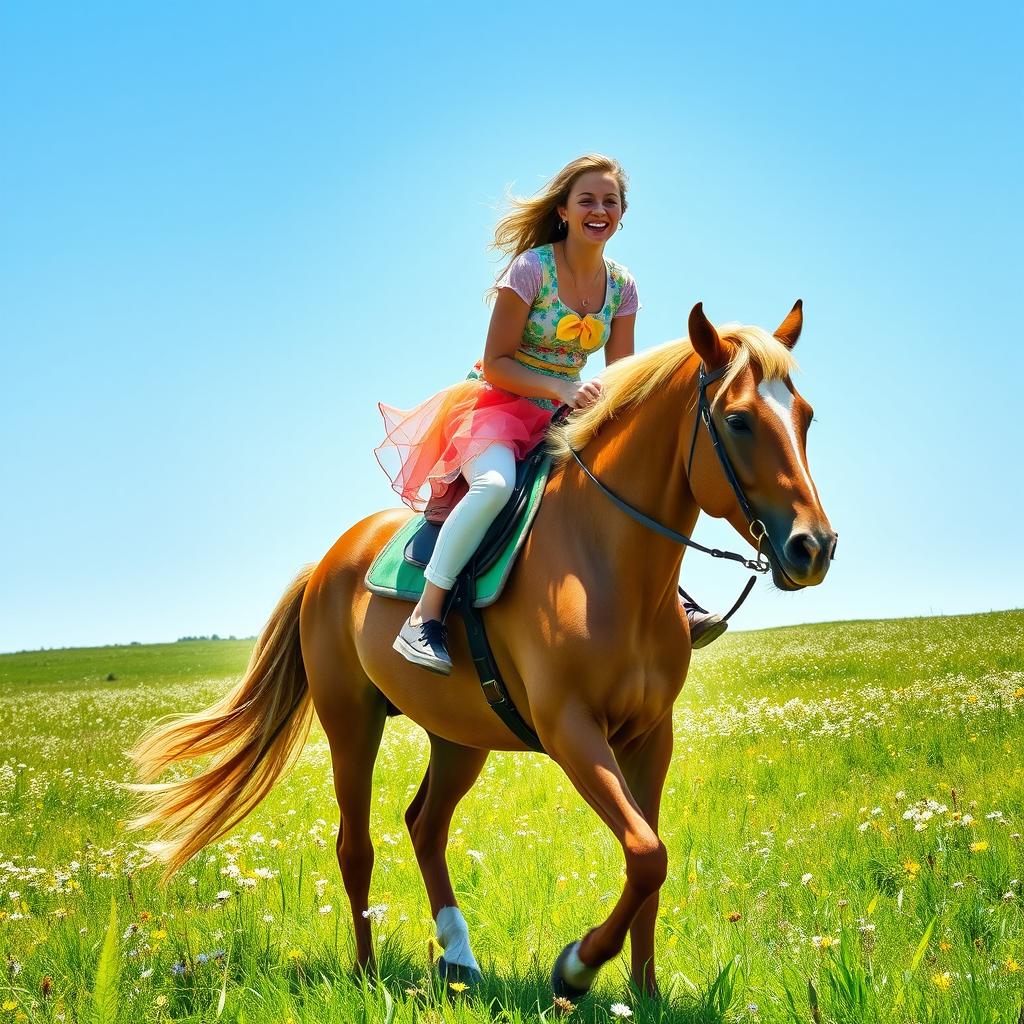 A whimsical scene where a person is humorously riding on the back of another person who is, in turn, riding a majestic horse