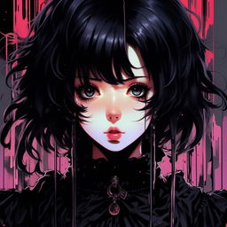 Anime girl in 1980s style encased in a gothic, dark aesthetic. Use colors primarily in shades of black, capturing the old school VHS and DVD cartoon feel.