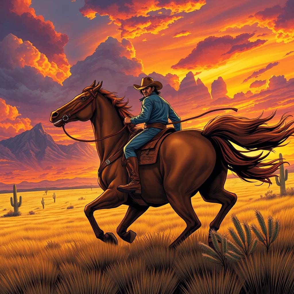 An epic fantasy comic illustration showcasing a cowboy riding a magnificent horse across a vast, wild landscape