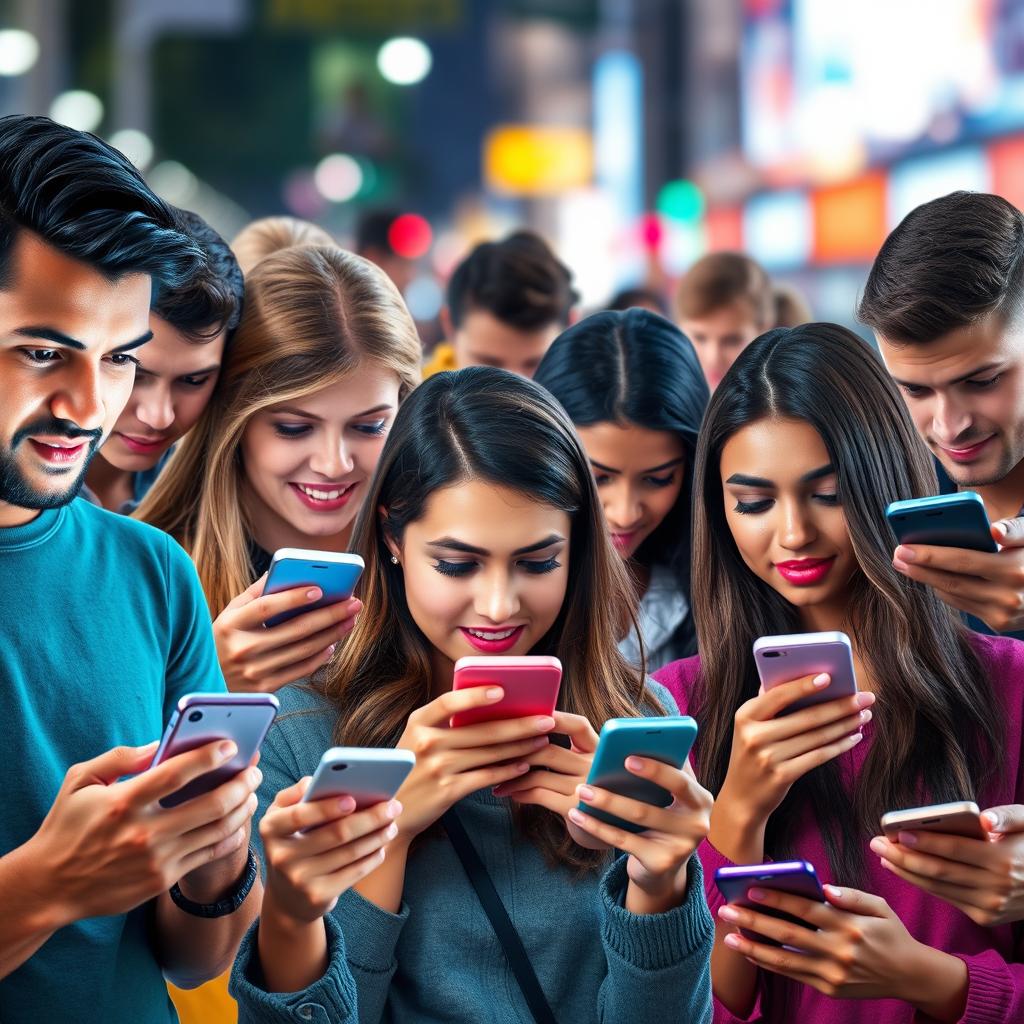A vibrant montage of diverse people completely absorbed in their smartphones, showcasing various expressions of focus and excitement
