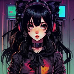 Anime girl in 1980s style encased in a gothic, dark aesthetic. Use colors primarily in shades of black, capturing the old school VHS and DVD cartoon feel.