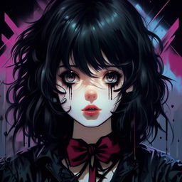 Anime girl in 1980s style encased in a gothic, dark aesthetic. Use colors primarily in shades of black, capturing the old school VHS and DVD cartoon feel.