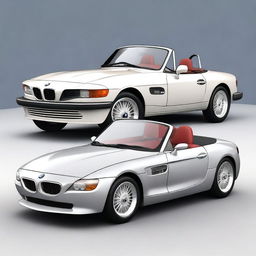 This is a high-quality digital rendering of a unique car, a fusion of a 2004 BMW Z4 and a 1980 BMW 323i