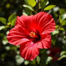 A close-up view of a bright red hibiscus flower in full bloom, showcasing its delicate petals with a smooth texture glistening under the sunlight