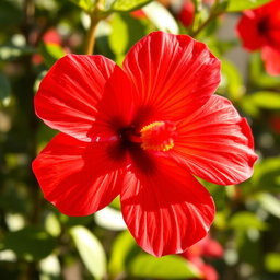 A close-up view of a bright red hibiscus flower in full bloom, showcasing its delicate petals with a smooth texture glistening under the sunlight