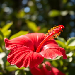 A close-up view of a bright red hibiscus flower in full bloom, showcasing its delicate petals with a smooth texture glistening under the sunlight