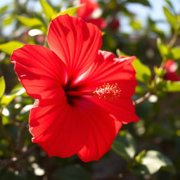 A close-up view of a bright red hibiscus flower in full bloom, showcasing its delicate petals with a smooth texture glistening under the sunlight
