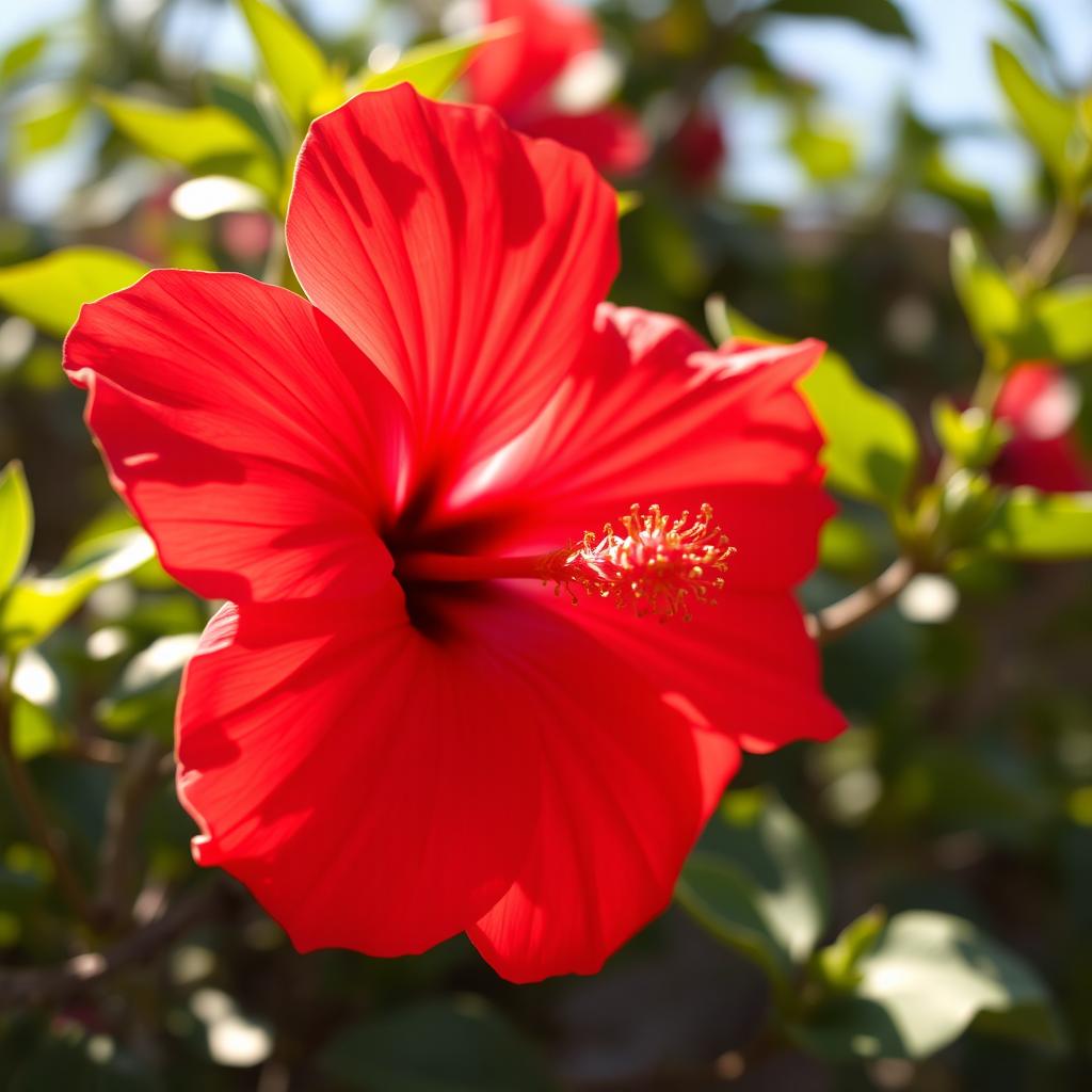 A close-up view of a bright red hibiscus flower in full bloom, showcasing its delicate petals with a smooth texture glistening under the sunlight