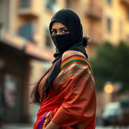 A strikingly beautiful Indian woman wearing a colorful saree that drapes elegantly around her figure, exposing her alluring silhouette while maintaining an air of mystery