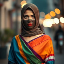A strikingly beautiful Indian woman wearing a colorful saree that drapes elegantly around her figure, exposing her alluring silhouette while maintaining an air of mystery