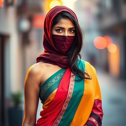 A strikingly beautiful Indian woman wearing a colorful saree that drapes elegantly around her figure, exposing her alluring silhouette while maintaining an air of mystery