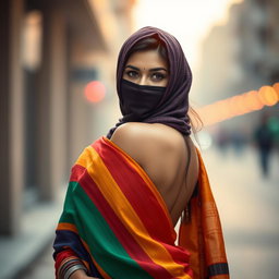 A strikingly beautiful Indian woman wearing a colorful saree that drapes elegantly around her figure, exposing her alluring silhouette while maintaining an air of mystery