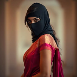 A striking image of a sexy Indian girl clad in a stunning saree, which elegantly drapes over her figure and accentuates her beauty