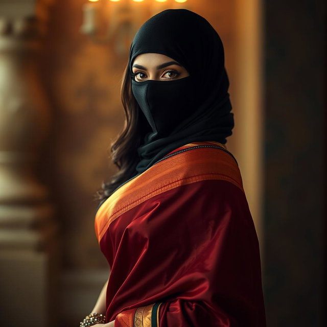 A striking image of a sexy Indian girl clad in a stunning saree, which elegantly drapes over her figure and accentuates her beauty