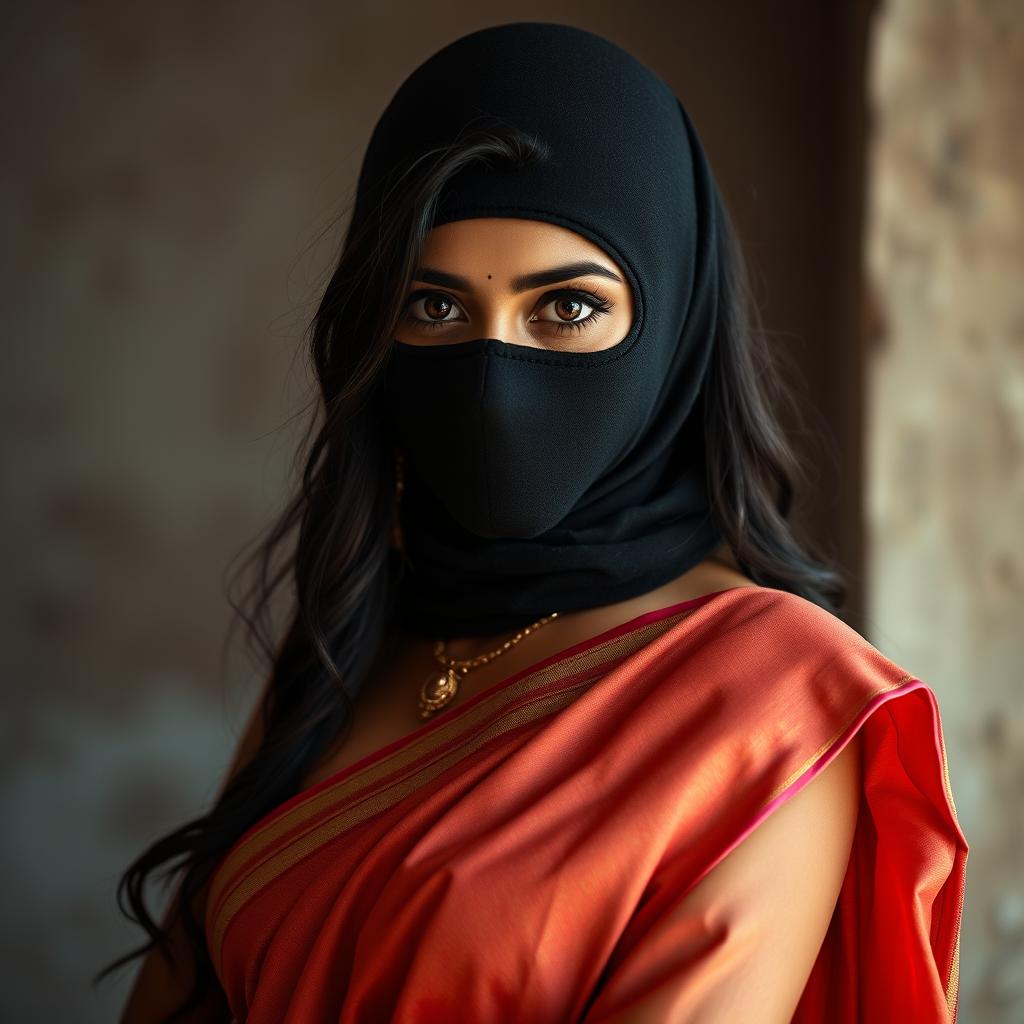 A striking image of a sexy Indian girl clad in a stunning saree, which elegantly drapes over her figure and accentuates her beauty