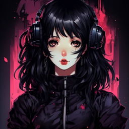 Anime girl in 1980s style encased in a gothic, dark aesthetic. Use colors primarily in shades of black, capturing the old school VHS and DVD cartoon feel.