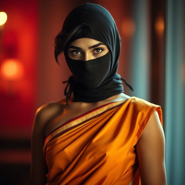 A captivating image of a sexy Indian girl dressed in an elegant saree that gracefully drapes around her body, emphasizing her curves and femininity