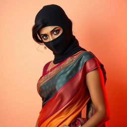 A captivating image of a sexy Indian girl dressed in a beautiful saree that elegantly showcases her silhouette, flowing gracefully around her curves