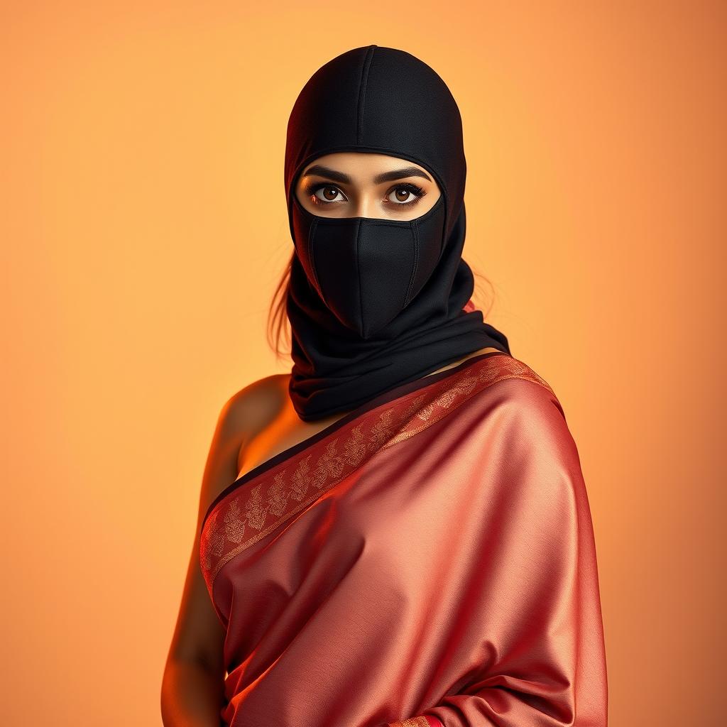 A captivating image of a sexy Indian girl dressed in a beautiful saree that elegantly showcases her silhouette, flowing gracefully around her curves