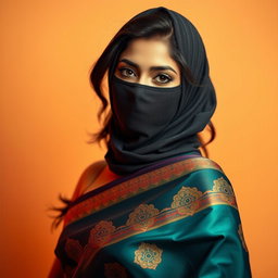 A captivating image of a sexy Indian girl dressed in a beautiful saree that elegantly showcases her silhouette, flowing gracefully around her curves