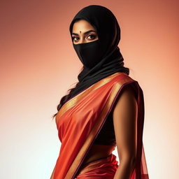 A captivating image of a sexy Indian girl dressed in a beautiful saree that elegantly showcases her silhouette, flowing gracefully around her curves