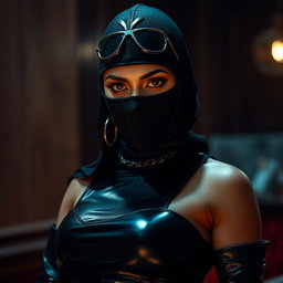 A mesmerizing image of a sexy Indian girl clad in a striking mistress outfit that radiates confidence and allure