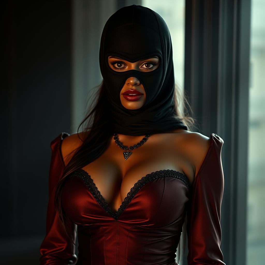 An alluring depiction of a sexy Indian girl dressed in a captivating mistress outfit, designed to exude confidence and allure