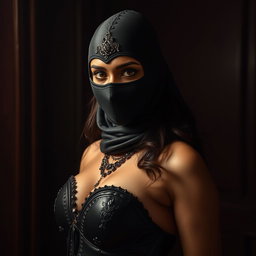 An alluring representation of a sexy Indian girl dressed in a stunning mistress outfit, crafted to emphasize her curves and elegance