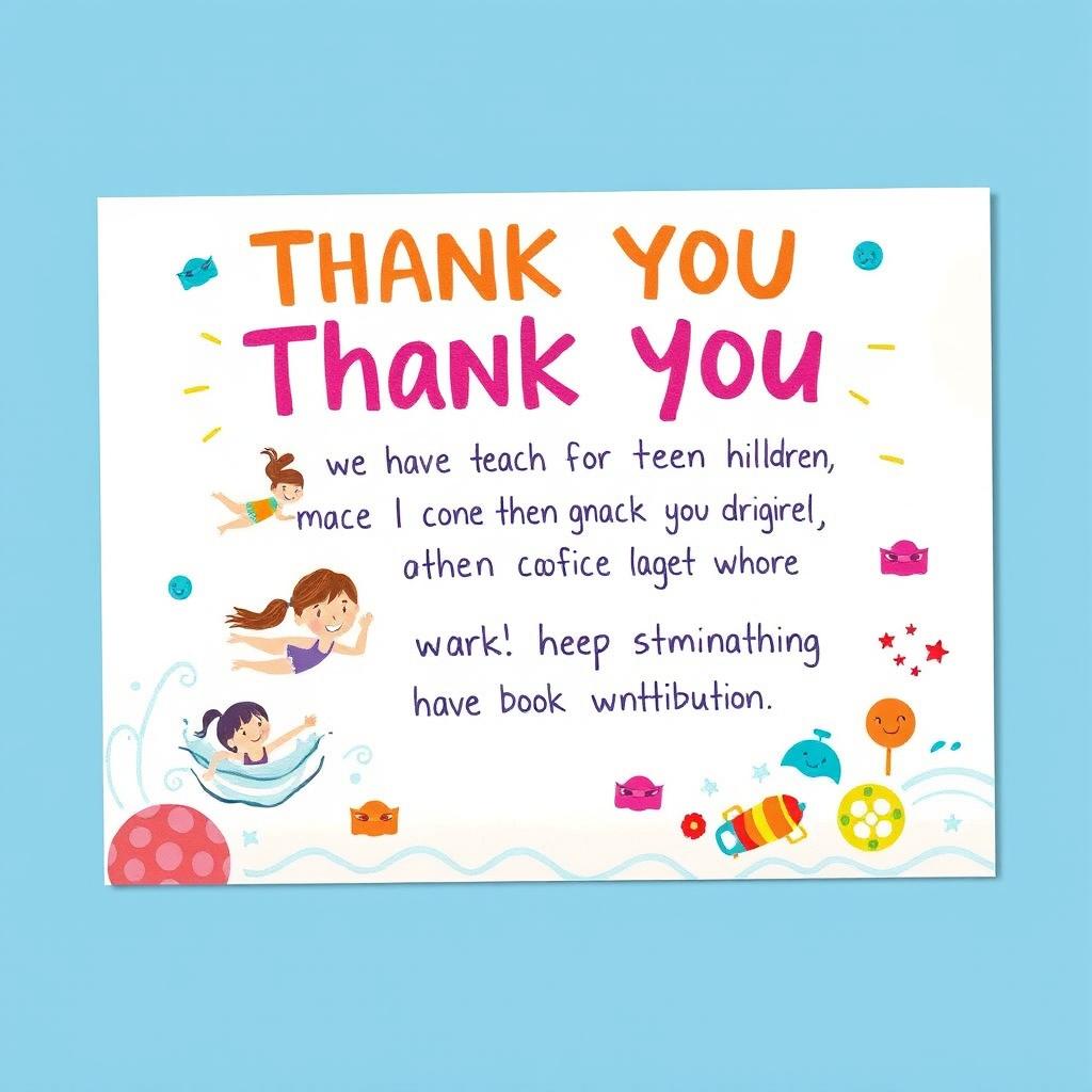 A beautifully designed thank you card for contributions made to children's swimming activities