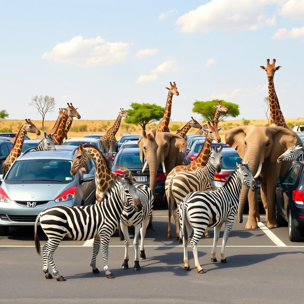 A vibrant car park scene, where instead of cars, there are playful zebras, graceful giraffes, and majestic elephants occupying the parking spaces