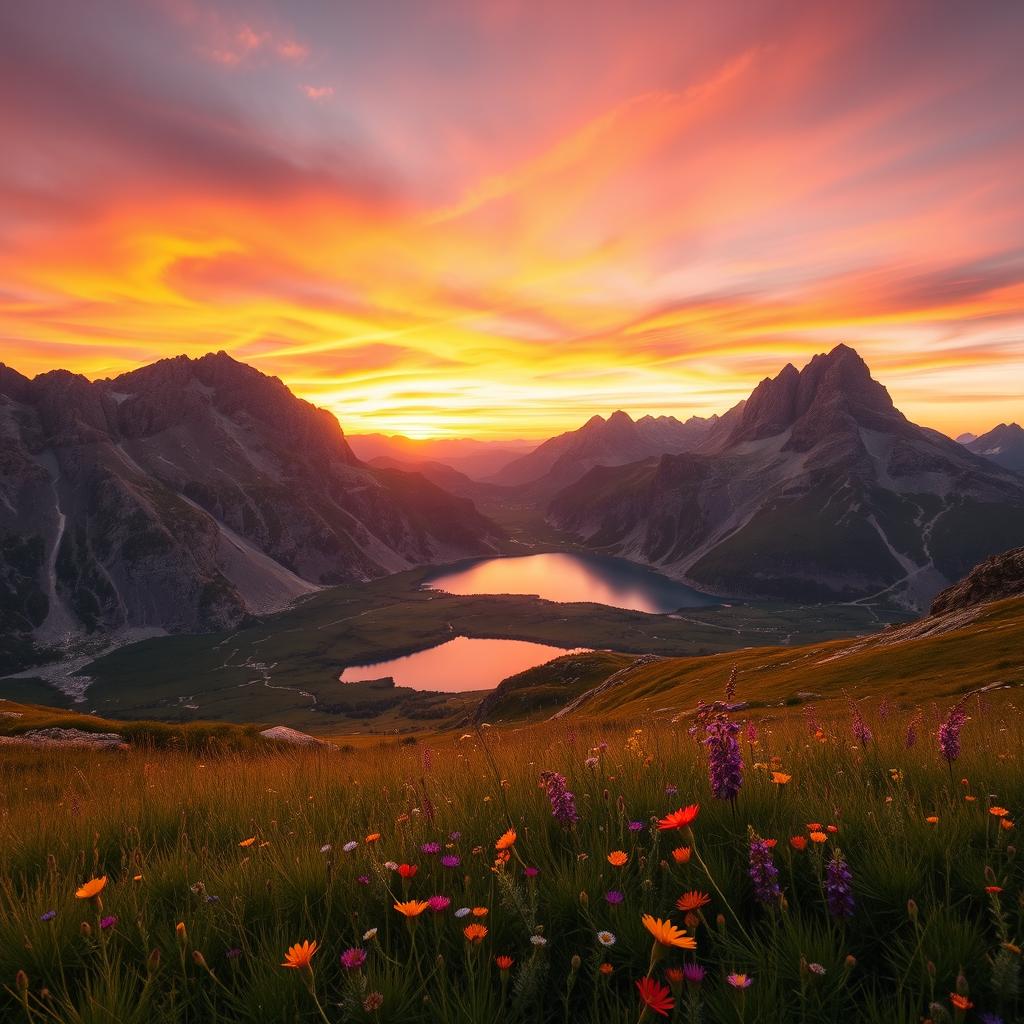 A stunning view of a mountainous landscape at sunset, with vibrant orange and pink hues painting the sky