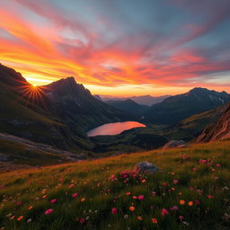 A stunning view of a mountainous landscape at sunset, with vibrant orange and pink hues painting the sky