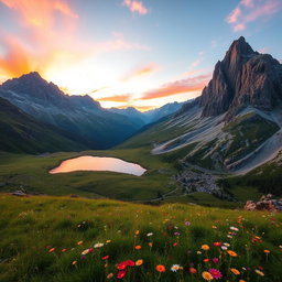 A stunning view of a mountainous landscape at sunset, with vibrant orange and pink hues painting the sky