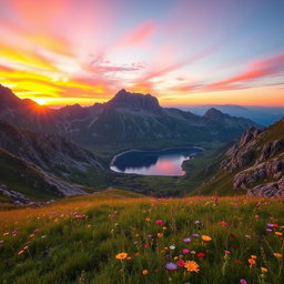 A stunning view of a mountainous landscape at sunset, with vibrant orange and pink hues painting the sky