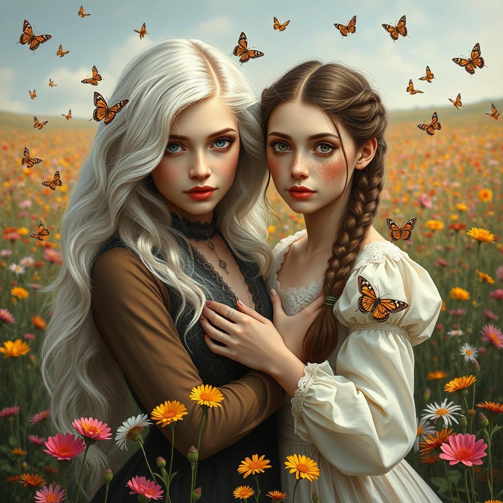 A captivating scene in the style of a Leonardo da Vinci painting, featuring two women in a picturesque flower field