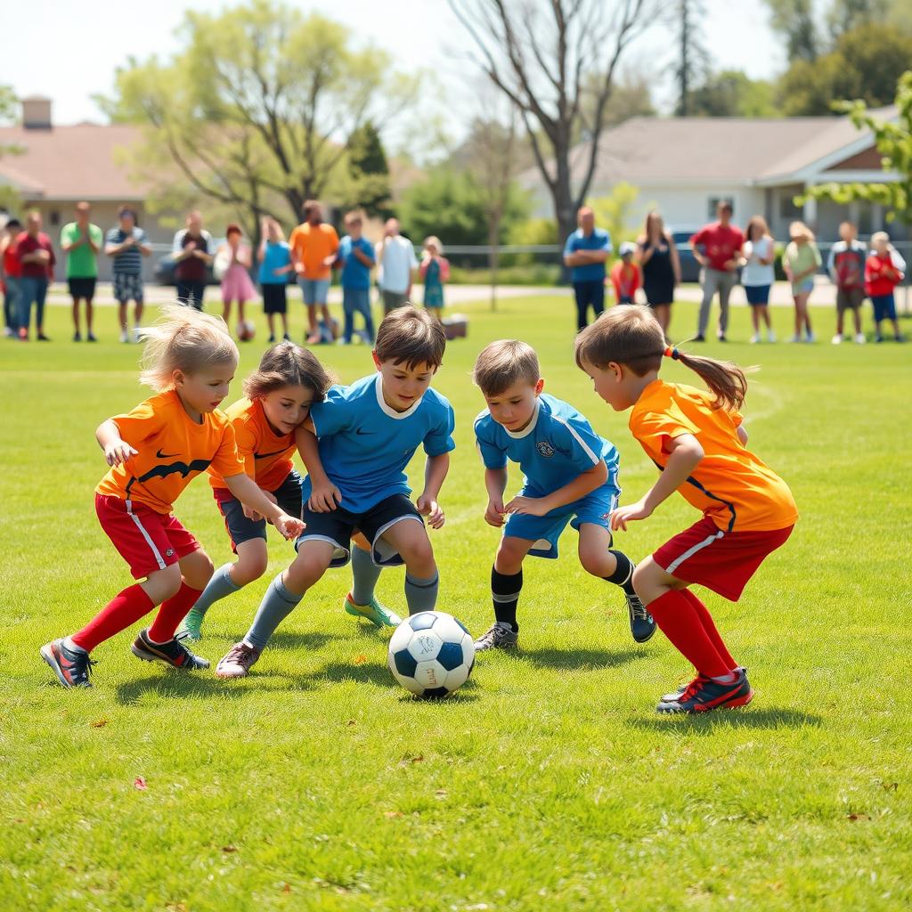 A dynamic scene of a children's football game, focusing on the defensive line of the team