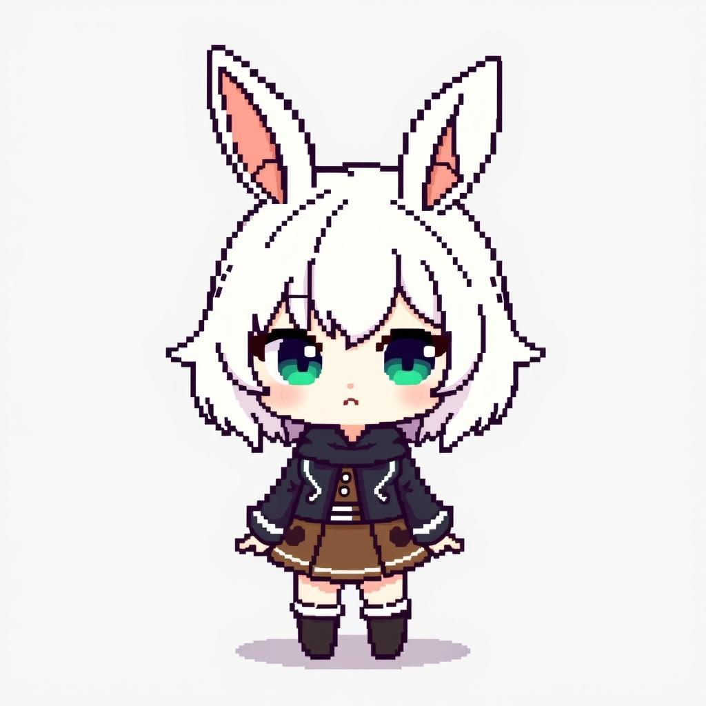 A cute, chibi-style character with short, fluffy white hair and large, perky bunny ears