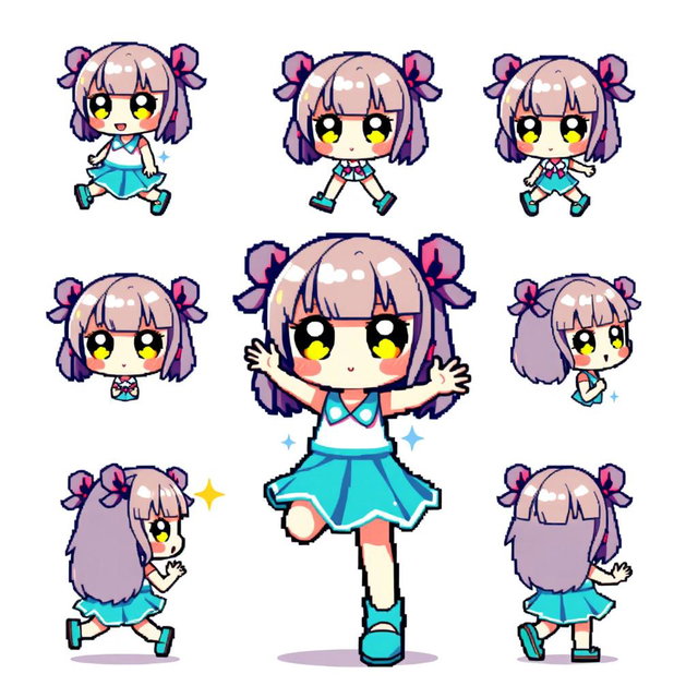 A vibrant and colorful pixel art sprite sheet featuring a chibi girl character in a 32x32 pixel format