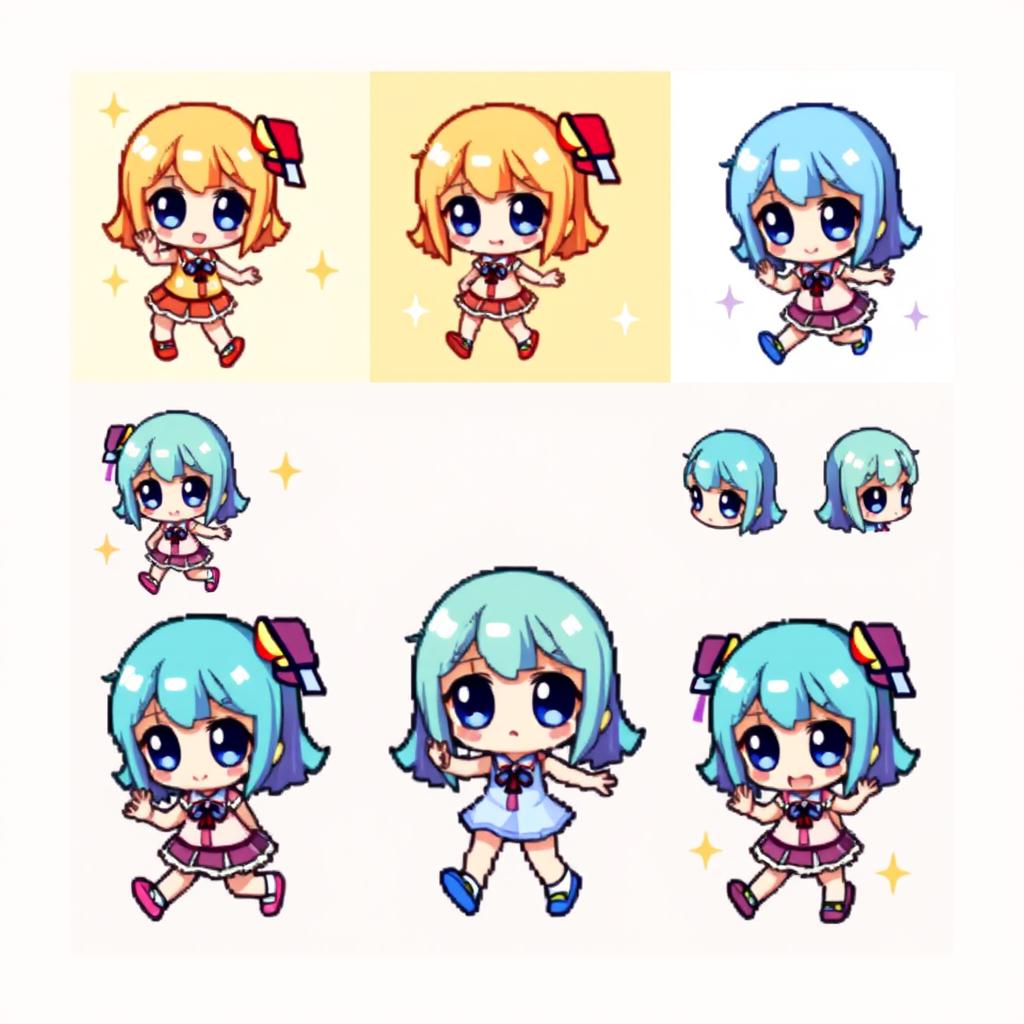 A vibrant and colorful pixel art sprite sheet featuring a chibi girl character in a 32x32 pixel format