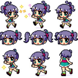 A vibrant and colorful pixel art sprite sheet featuring a chibi girl character in a 32x32 pixel format