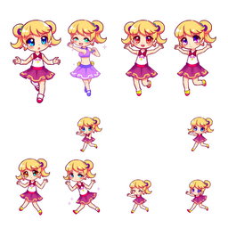 A dynamic and colorful pixel art sprite sheet featuring a chibi girl character in a 32x32 pixel format