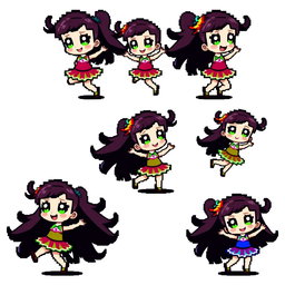 A dynamic and colorful pixel art sprite sheet featuring a chibi girl character in a 32x32 pixel format