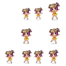 A dynamic and colorful pixel art sprite sheet featuring a chibi girl character in a 32x32 pixel format