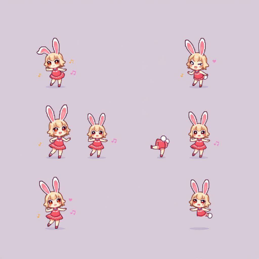 A colorful pixel art sprite sheet featuring a chibi bunny girl character in a 32x32 pixel format